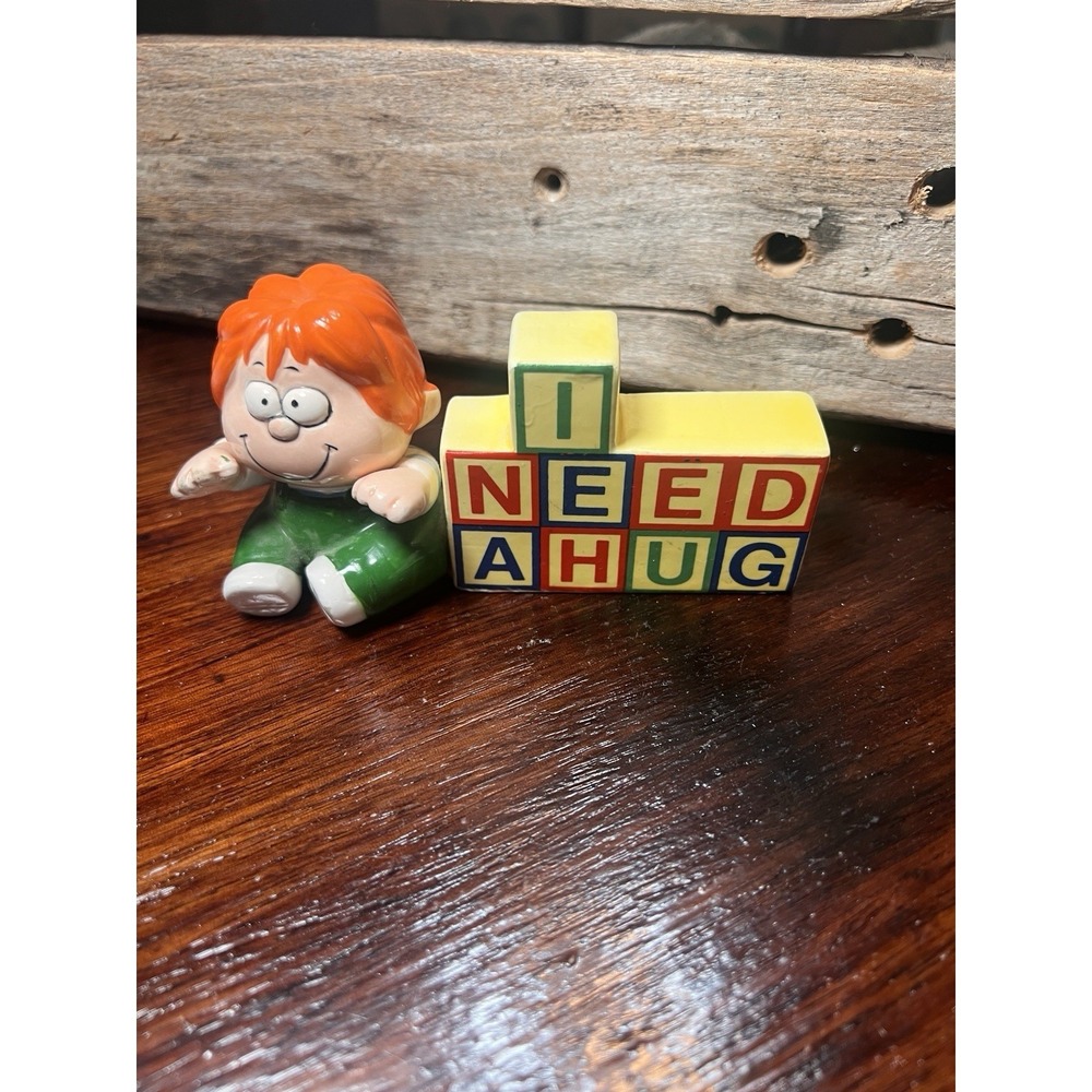 Marvin Figurine Enesco Child Boy Building Blocks Ceramic 1983 "I Need A Hug"